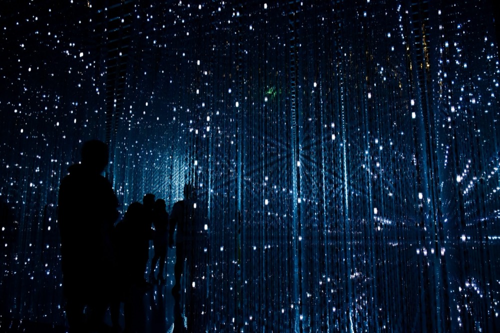 Two people standing in silhouette inside an installation of suspended points of light